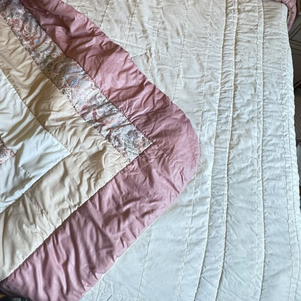 Handmade Vintage Pink White Star‎ Quilt Blanket Thick 110x96